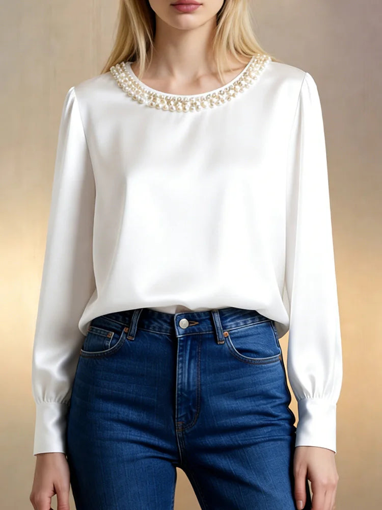 Damen Bluse Mit Satin-Bischofärmeln Und Perlen- und Kristallbesatz