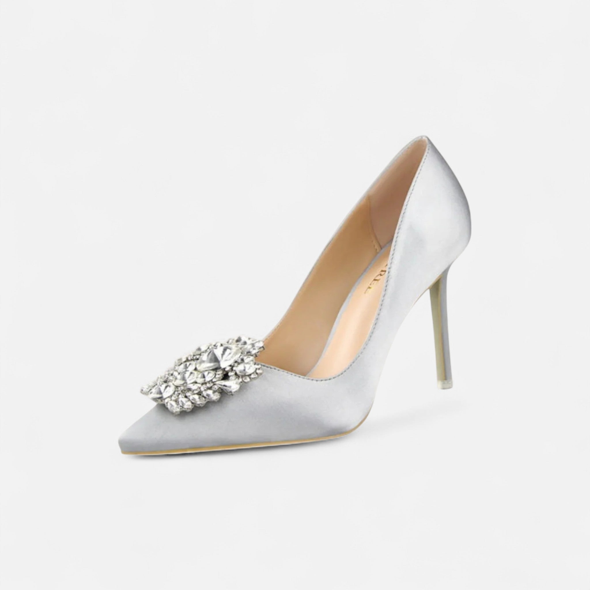 Damen Satin-Pumps Mit Spitz Zulaufenden Stiletto-Absätzen Und Kristallbrosche