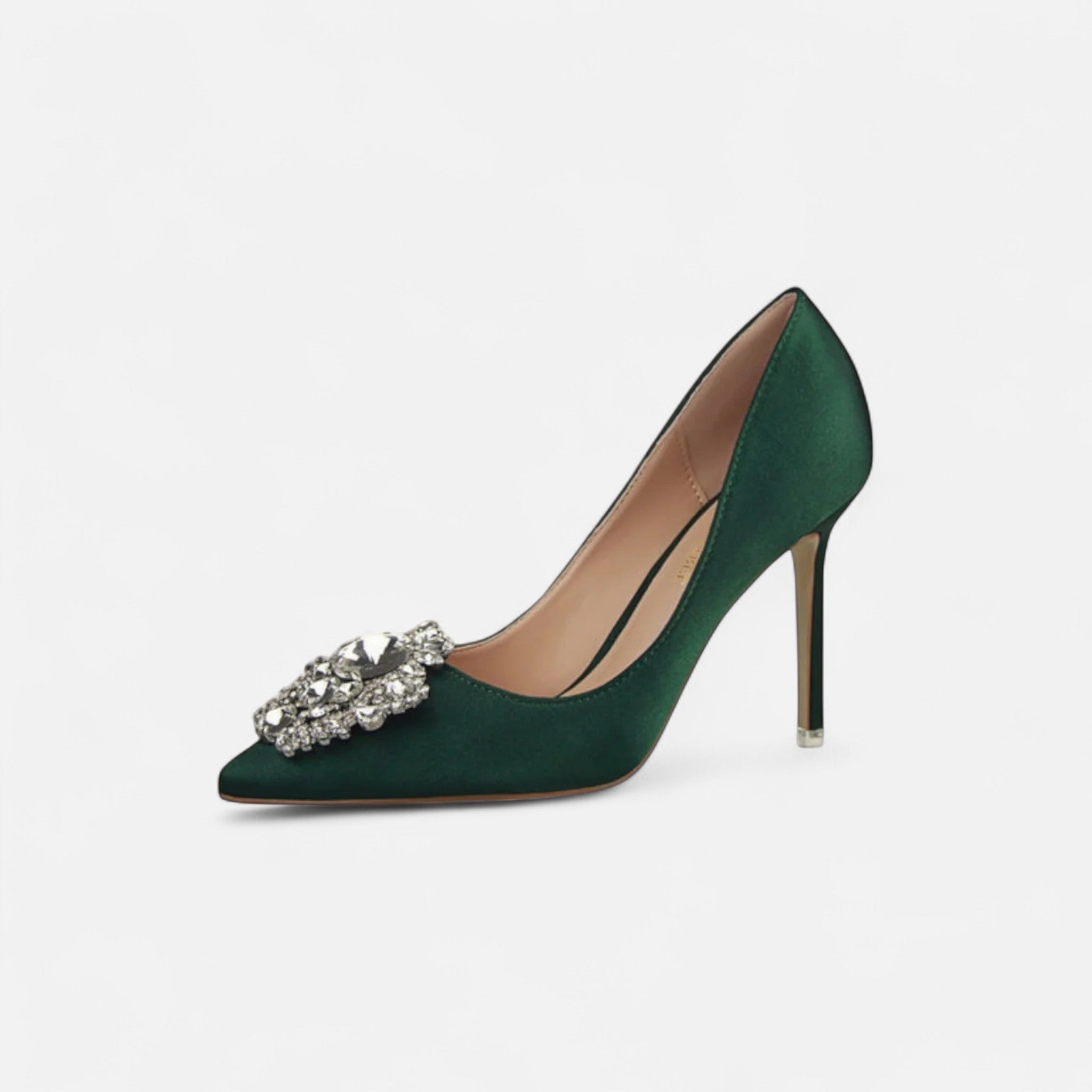 Damen Satin-Pumps Mit Spitz Zulaufenden Stiletto-Absätzen Und Kristallbrosche