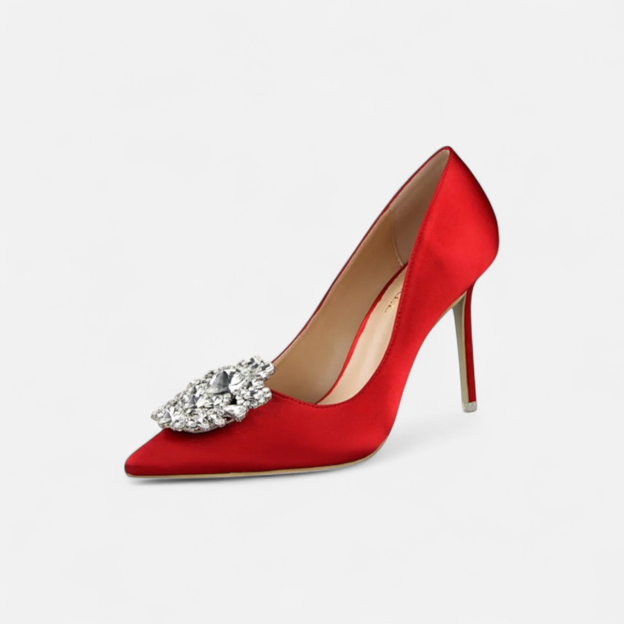 Damen Satin-Pumps Mit Spitz Zulaufenden Stiletto-Absätzen Und Kristallbrosche