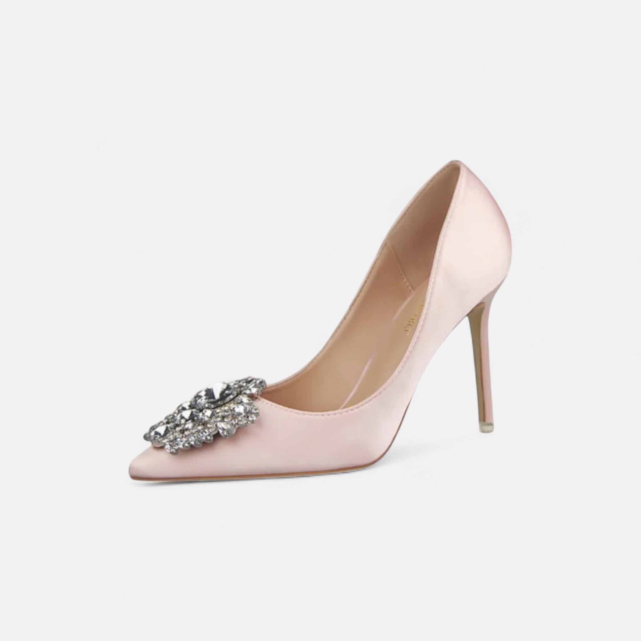 Damen Satin-Pumps Mit Spitz Zulaufenden Stiletto-Absätzen Und Kristallbrosche