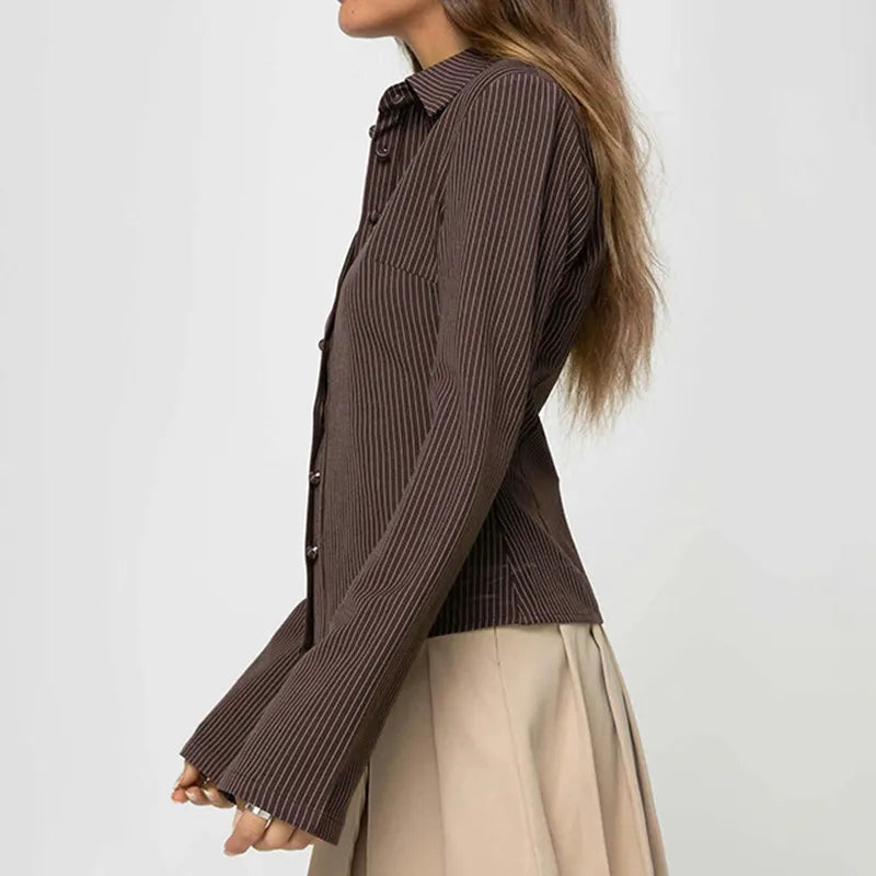 Damen Rippstreifen Bluse Mit Knopfleiste Und Punktkragen Lange Ärmel