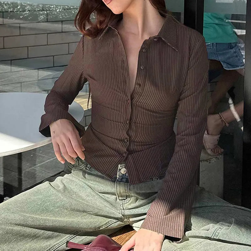 Damen Rippstreifen Bluse Mit Knopfleiste Und Punktkragen Lange Ärmel