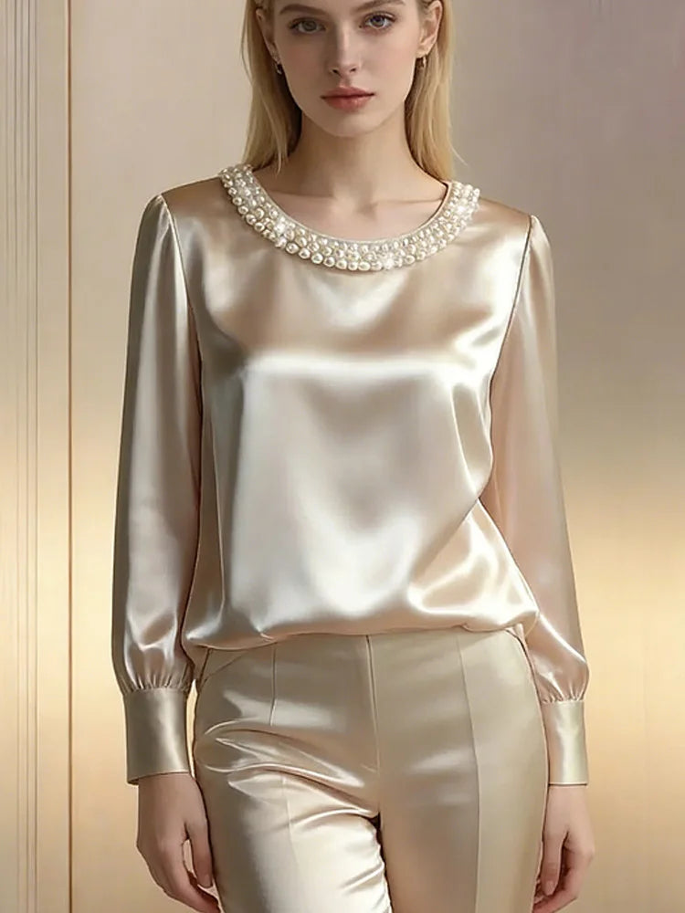 Damen Bluse Mit Satin-Bischofärmeln Und Perlen- und Kristallbesatz
