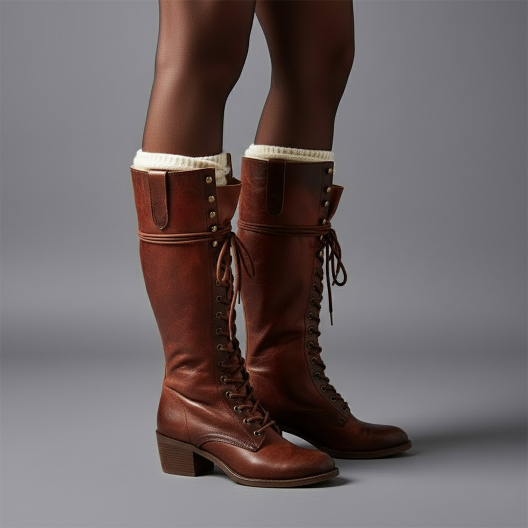 Astra Damen Kniehohe Stiefel Zum Schnüren Mit Blockabsatz