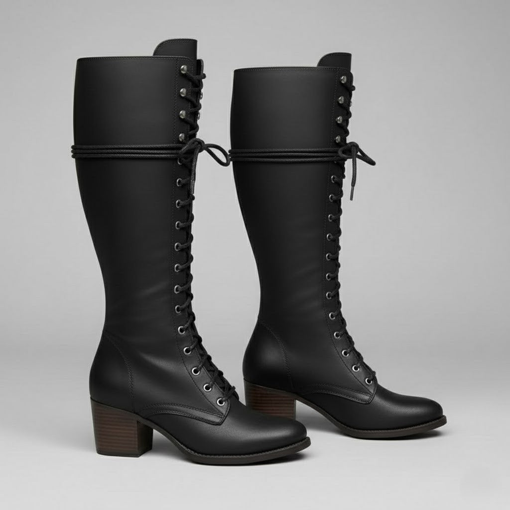 Astra Damen Kniehohe Stiefel Zum Schnüren Mit Blockabsatz