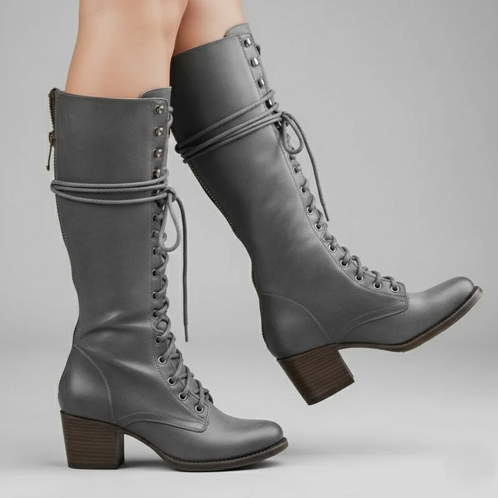 Astra Damen Kniehohe Stiefel Zum Schnüren Mit Blockabsatz