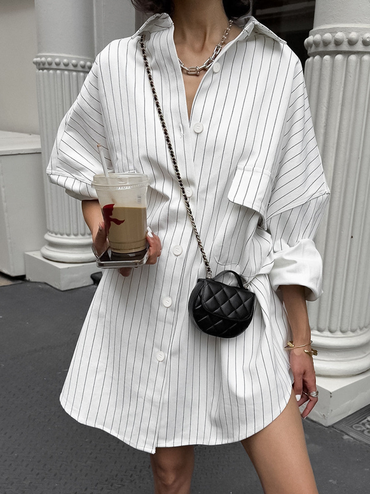 Damen Oversized Gestreifte Bluse Mit Knopfleiste Und Strukturiertem Kragen