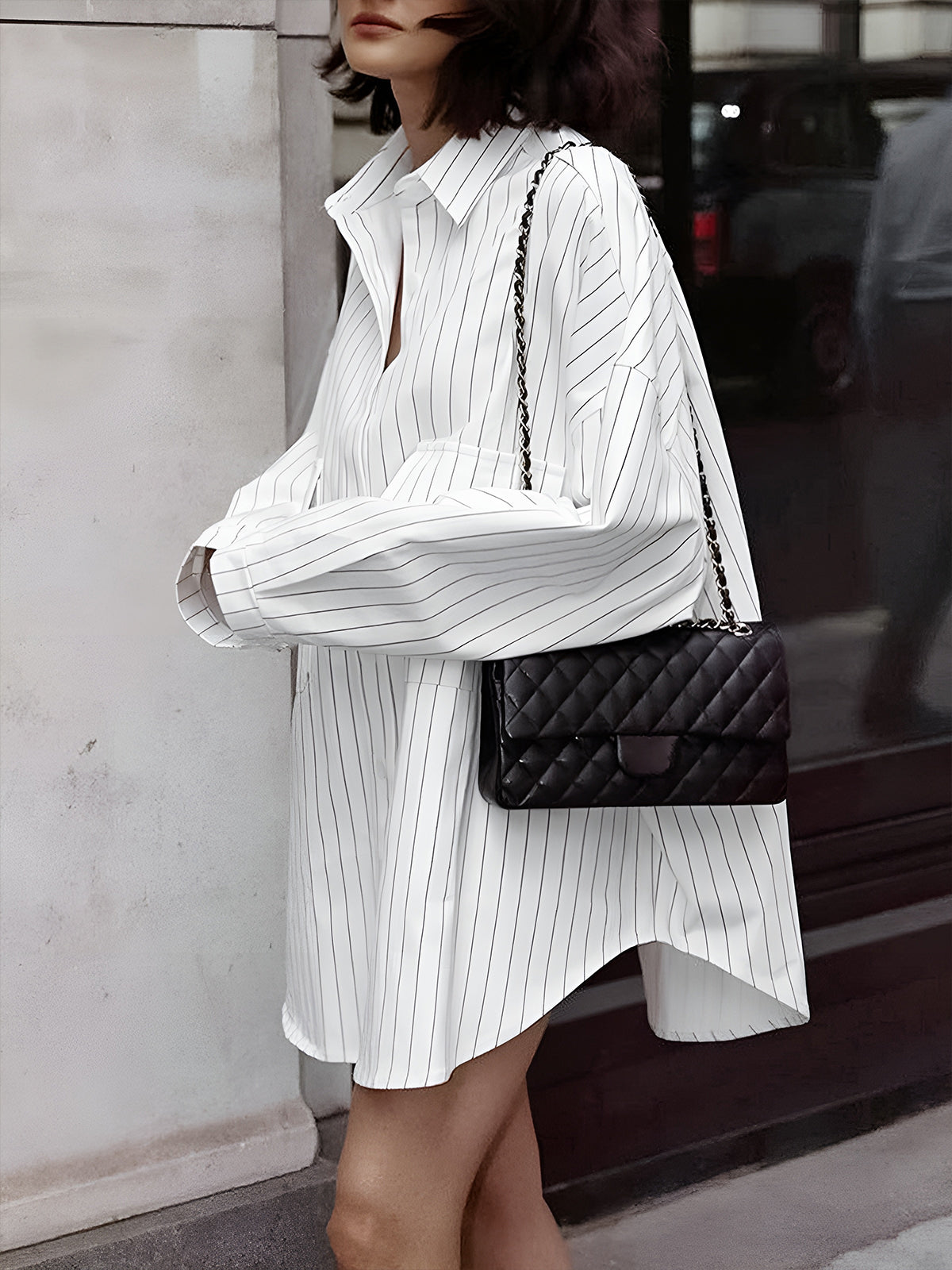 Damen Oversized Gestreifte Bluse Mit Knopfleiste Und Strukturiertem Kragen