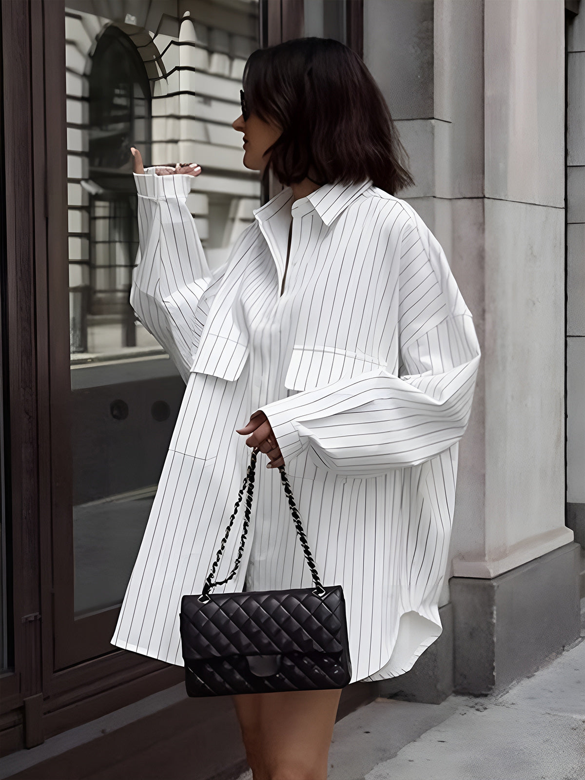 Damen Oversized Gestreifte Bluse Mit Knopfleiste Und Strukturiertem Kragen
