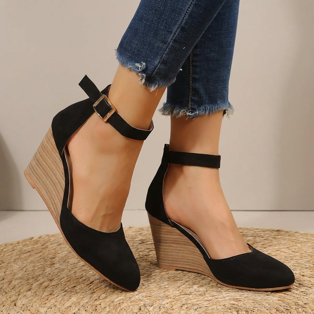 Damen Keilabsatz Pumps Mit Spitz Zehen Und Knöchelriemen Schnallenverschluss