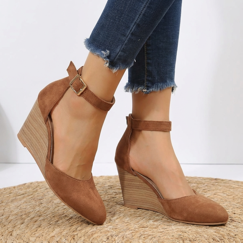 Damen Keilabsatz Pumps Mit Spitz Zehen Und Knöchelriemen Schnallenverschluss