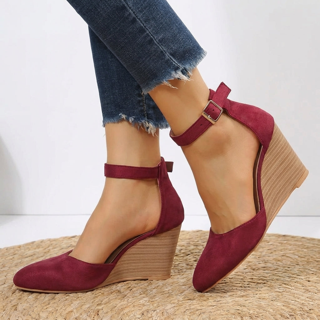 Damen Keilabsatz Pumps Mit Spitz Zehen Und Knöchelriemen Schnallenverschluss