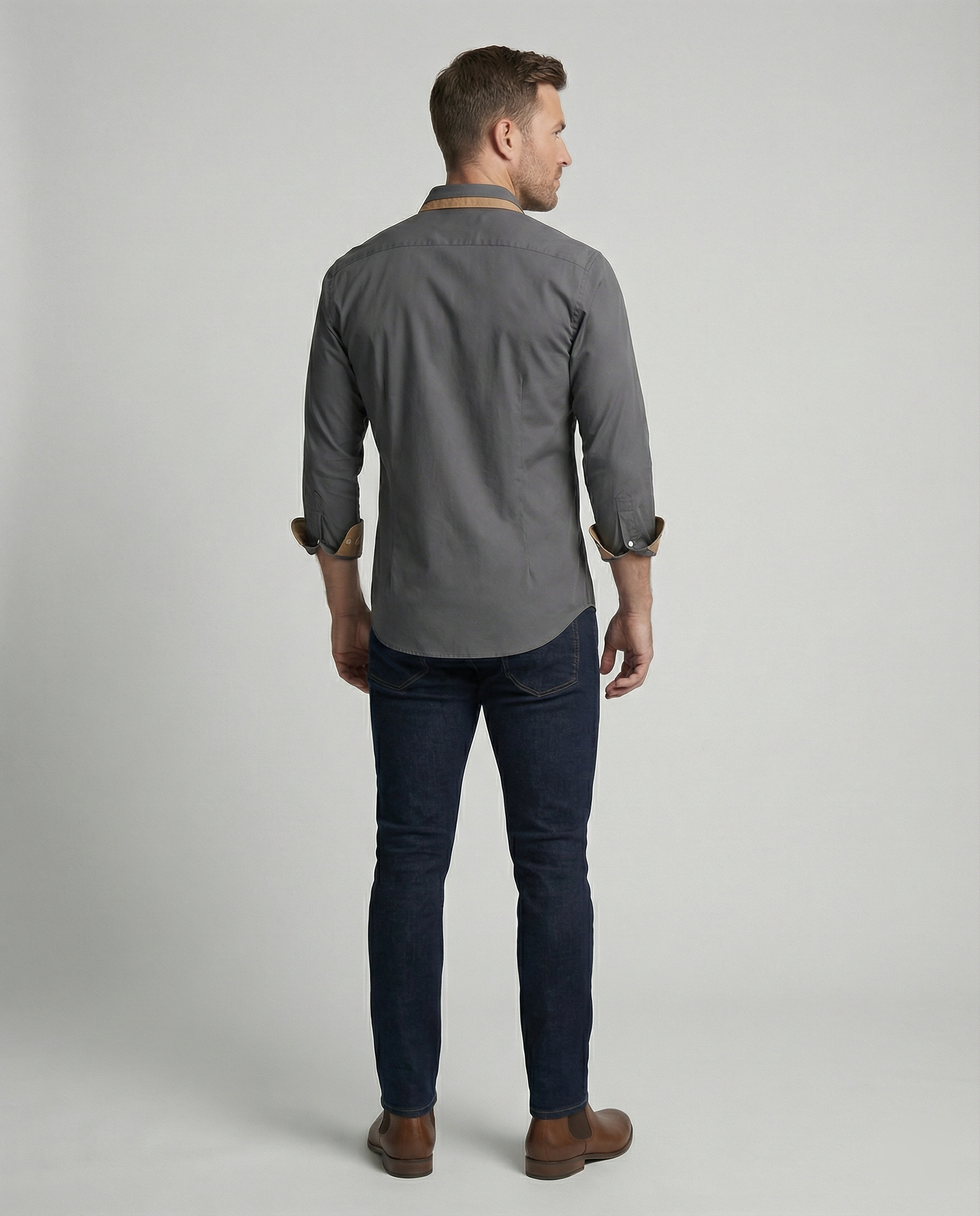 Herren Slim Fit Langarmhemd Mit Knopfleiste Und Kontrastfutter Besatz Manschetten