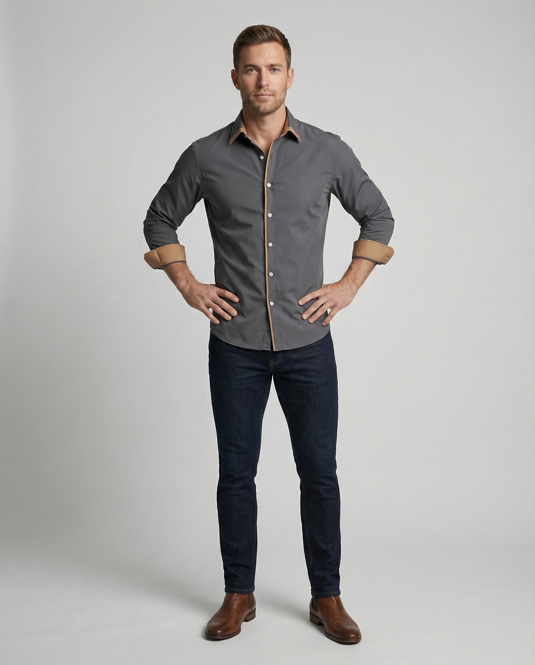 Herren Slim Fit Langarmhemd Mit Knopfleiste Und Kontrastfutter Besatz Manschetten