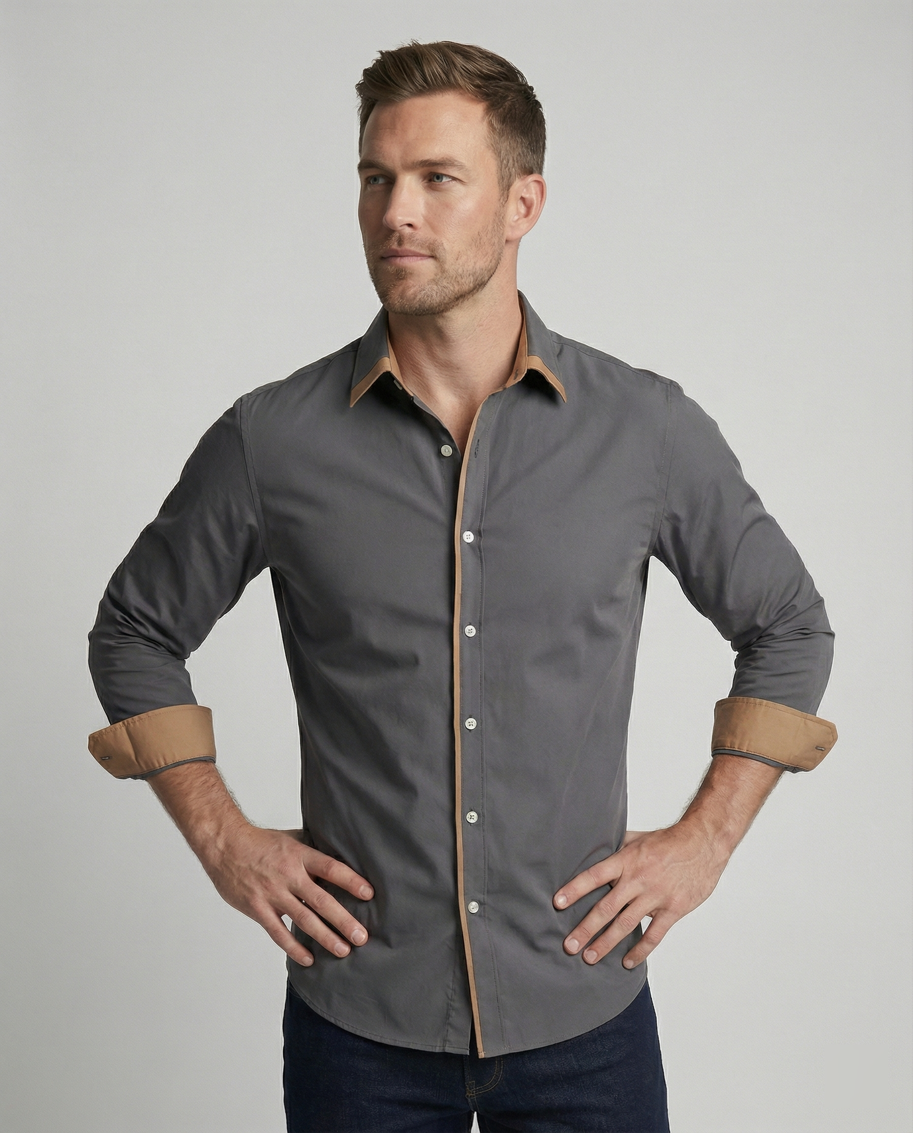 Herren Slim Fit Langarmhemd Mit Knopfleiste Und Kontrastfutter Besatz Manschetten
