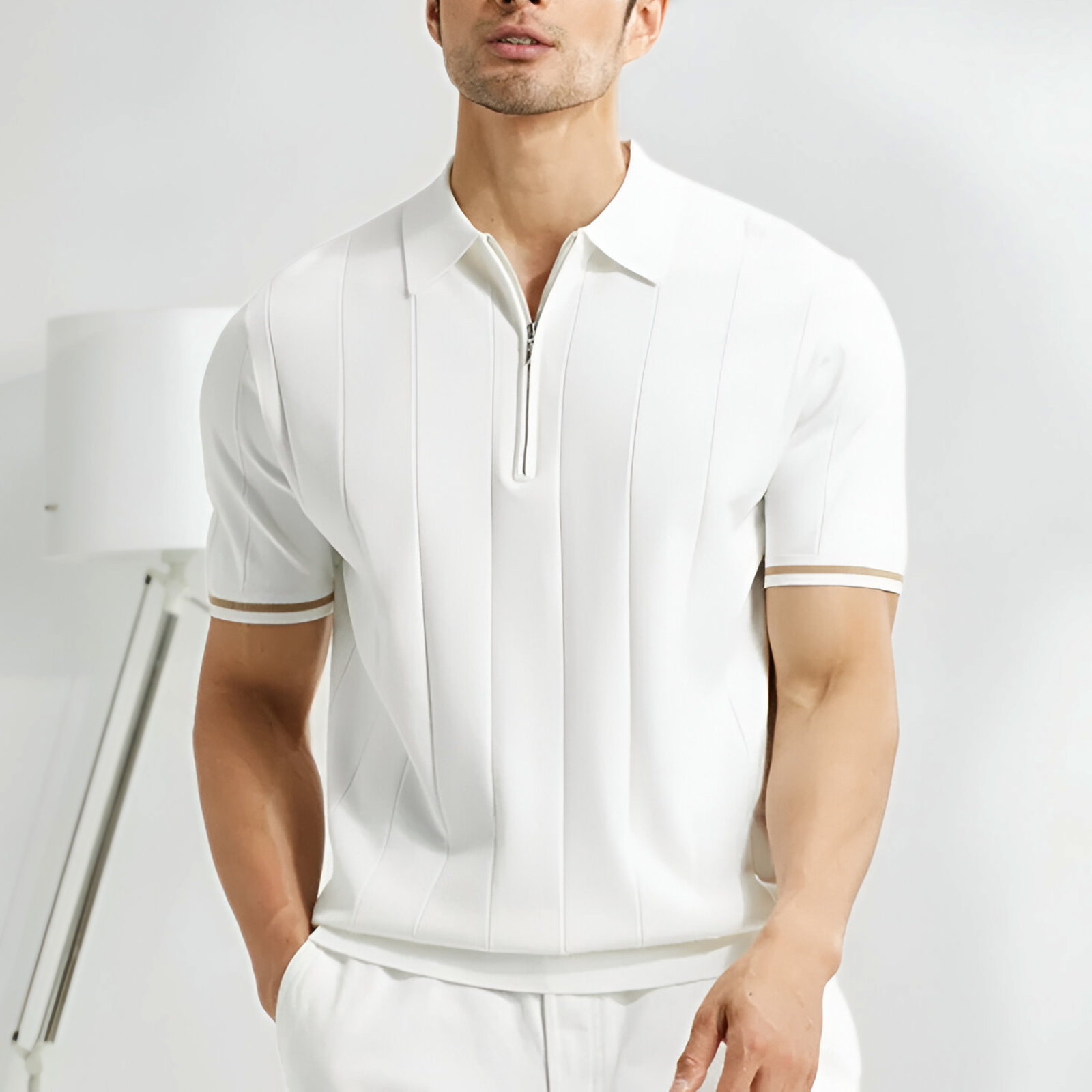 Herren Feinstrick Quarter-Zip Polo Kurzarm Mit Vertikalen Streifen