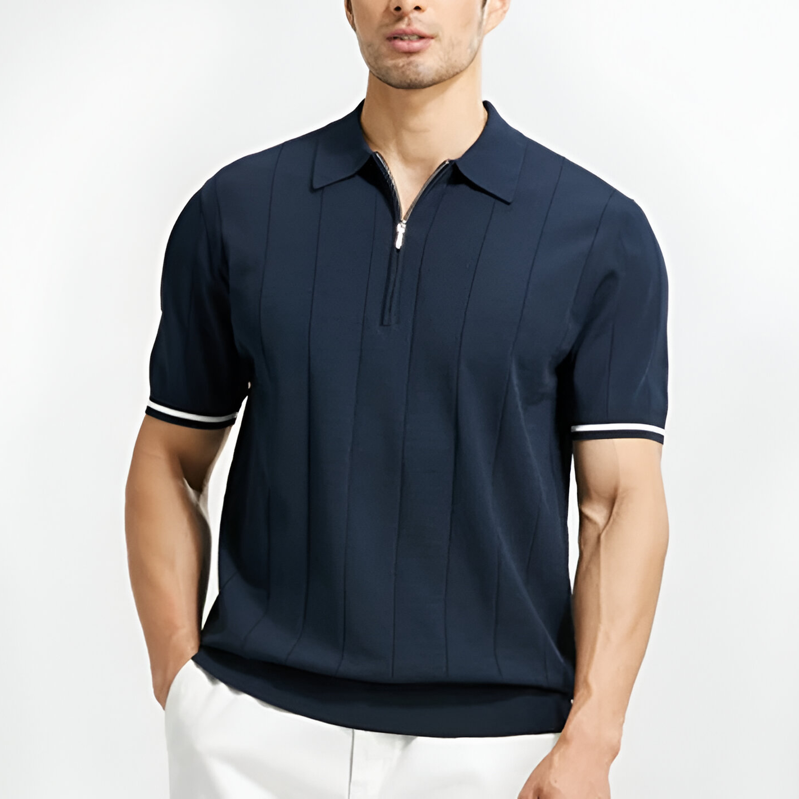 Herren Feinstrick Quarter-Zip Polo Kurzarm Mit Vertikalen Streifen