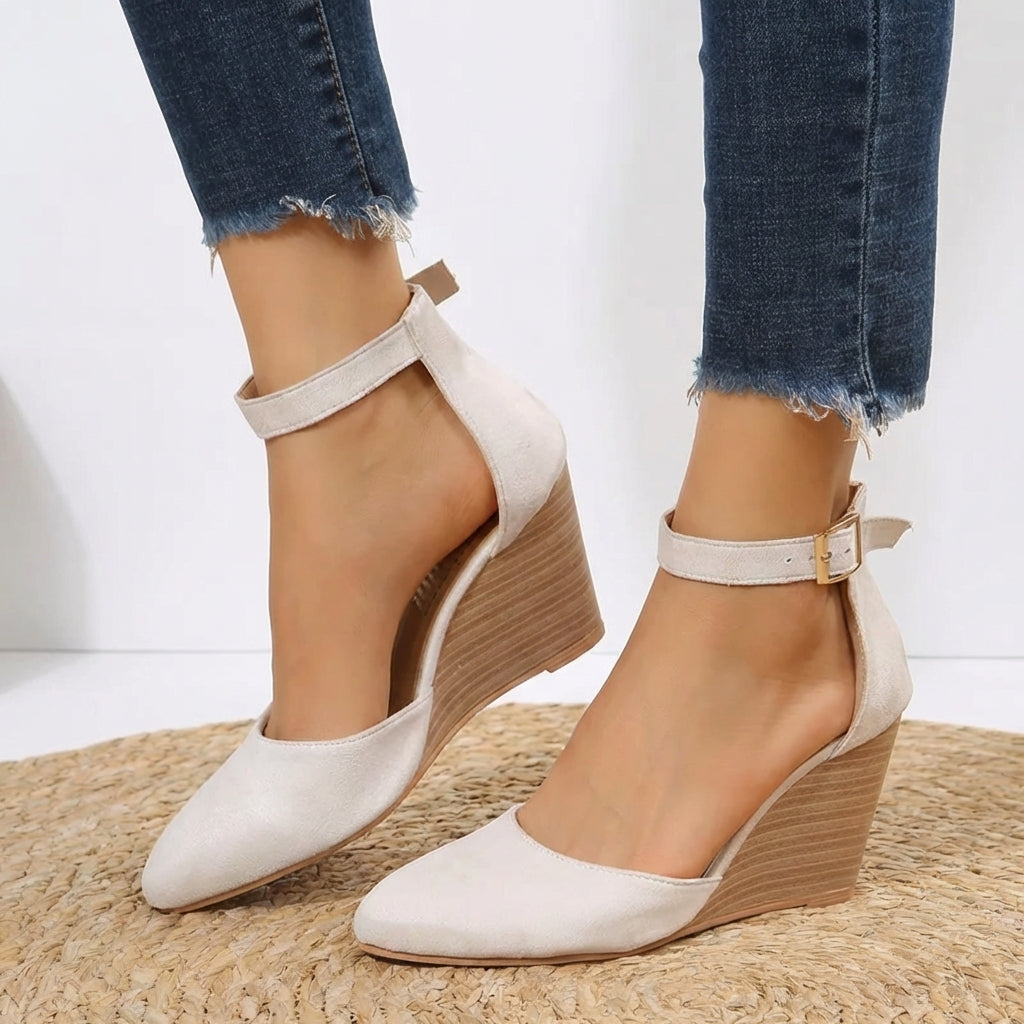 Damen Keilabsatz Pumps Mit Spitz Zehen Und Knöchelriemen Schnallenverschluss