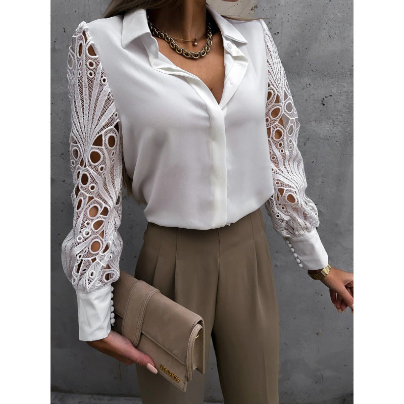 Damen Bluse Mit Spitzenärmeln Und Kragen Und Knopfleiste Aus Cutwork-Spitze