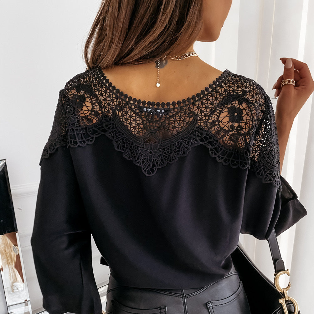 Damen Spitze Bluse Mit Rundhals Yoke Spitze Lange Ärmel Ausgestellte Manschette