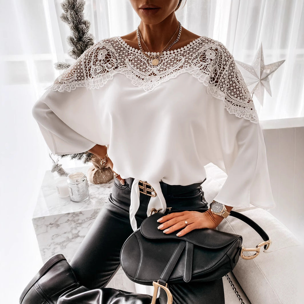 Damen Spitze Bluse Mit Rundhals Yoke Spitze Lange Ärmel Ausgestellte Manschette
