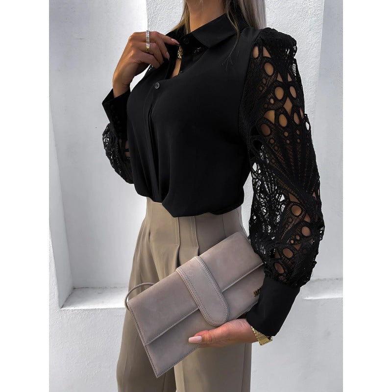 Damen Bluse Mit Spitzenärmeln Und Kragen Und Knopfleiste Aus Cutwork-Spitze