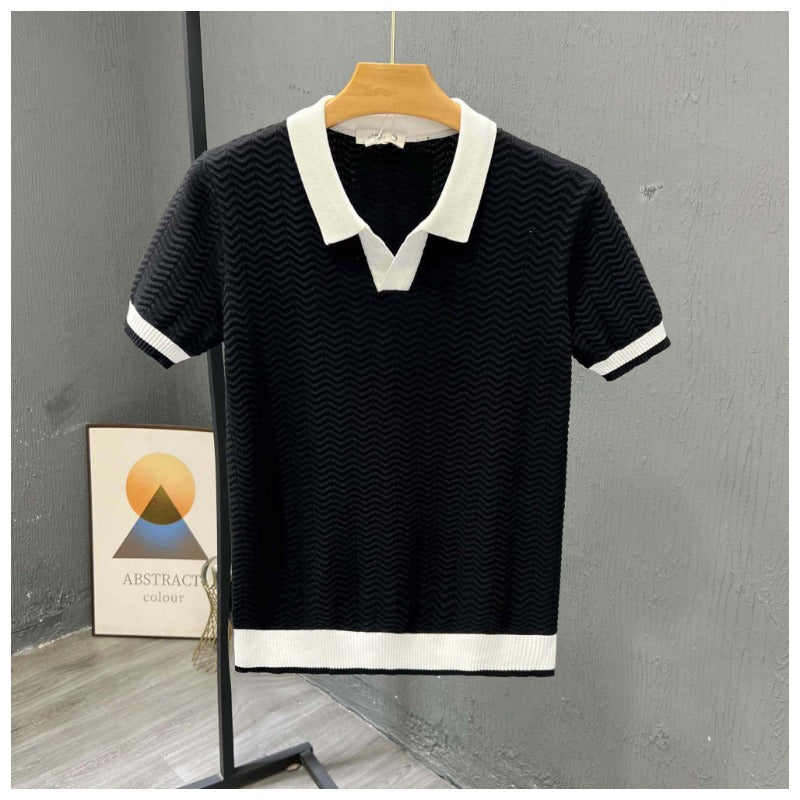 Herren Poloshirt Kurzarm Im Zickzackstrick Mit Kontrastkragen