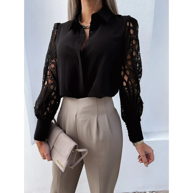 Damen Bluse Mit Spitzenärmeln Und Kragen Und Knopfleiste Aus Cutwork-Spitze
