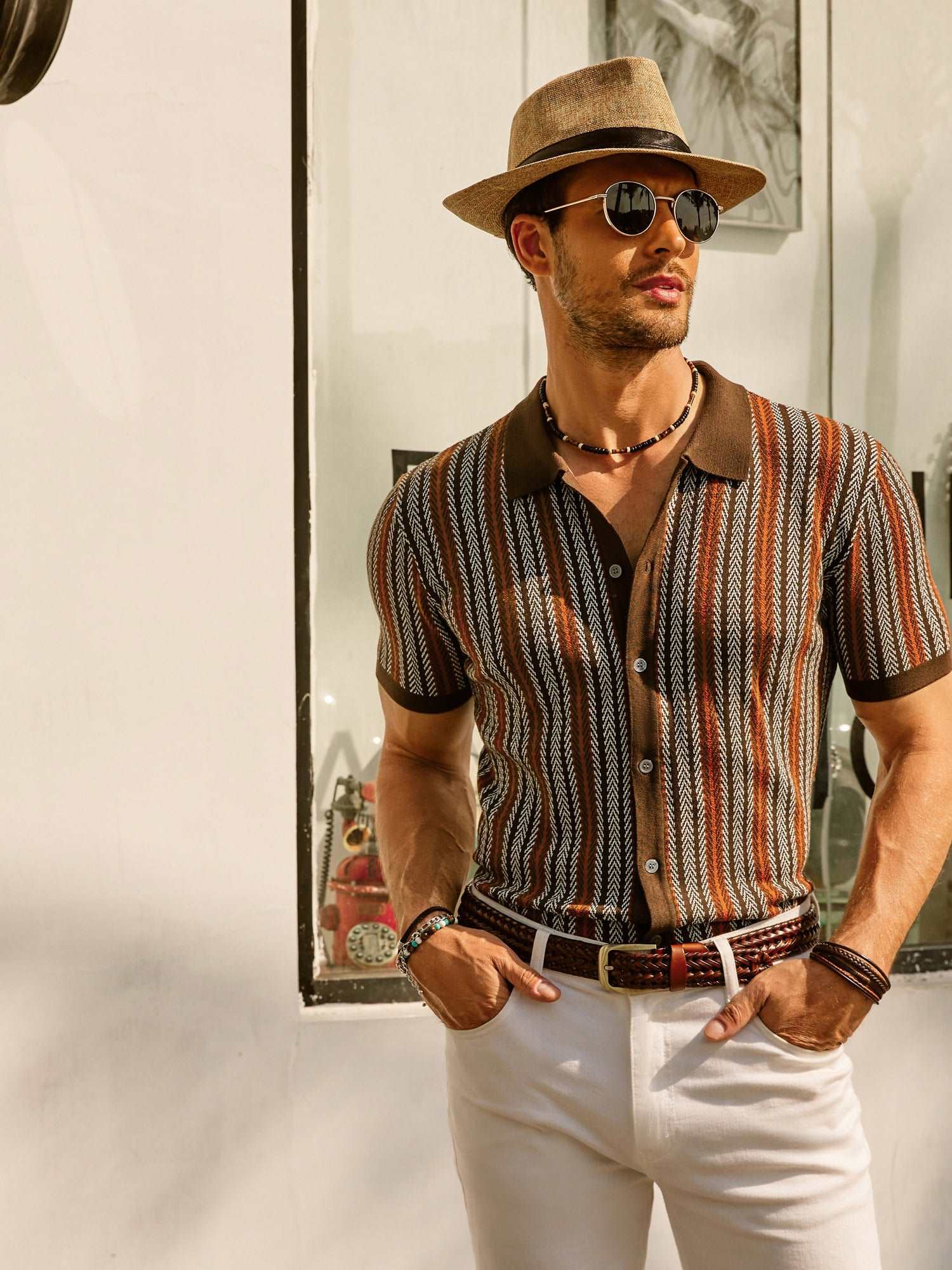 Retro Gestreiftes Button-Down Polohemd Kurzarm Vintage-Look Für Männer