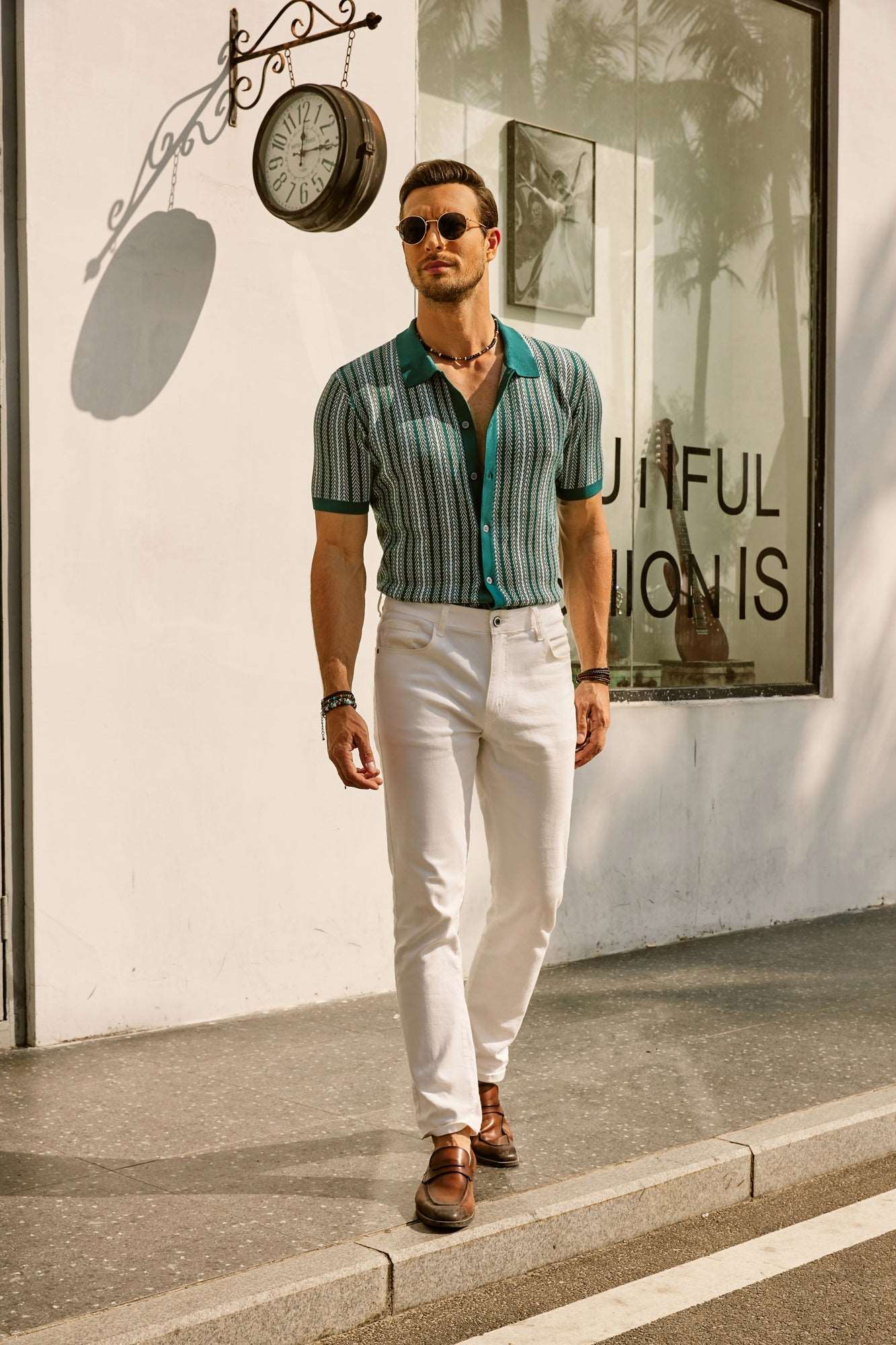 Retro Gestreiftes Button-Down Polohemd Kurzarm Vintage-Look Für Männer