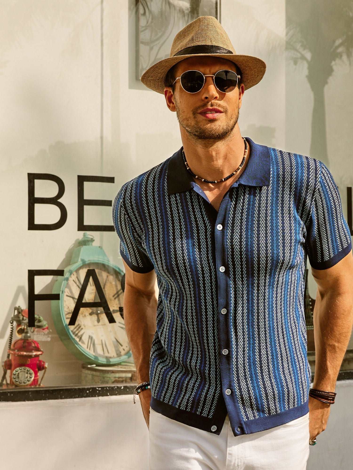 Retro Gestreiftes Button-Down Polohemd Kurzarm Vintage-Look Für Männer