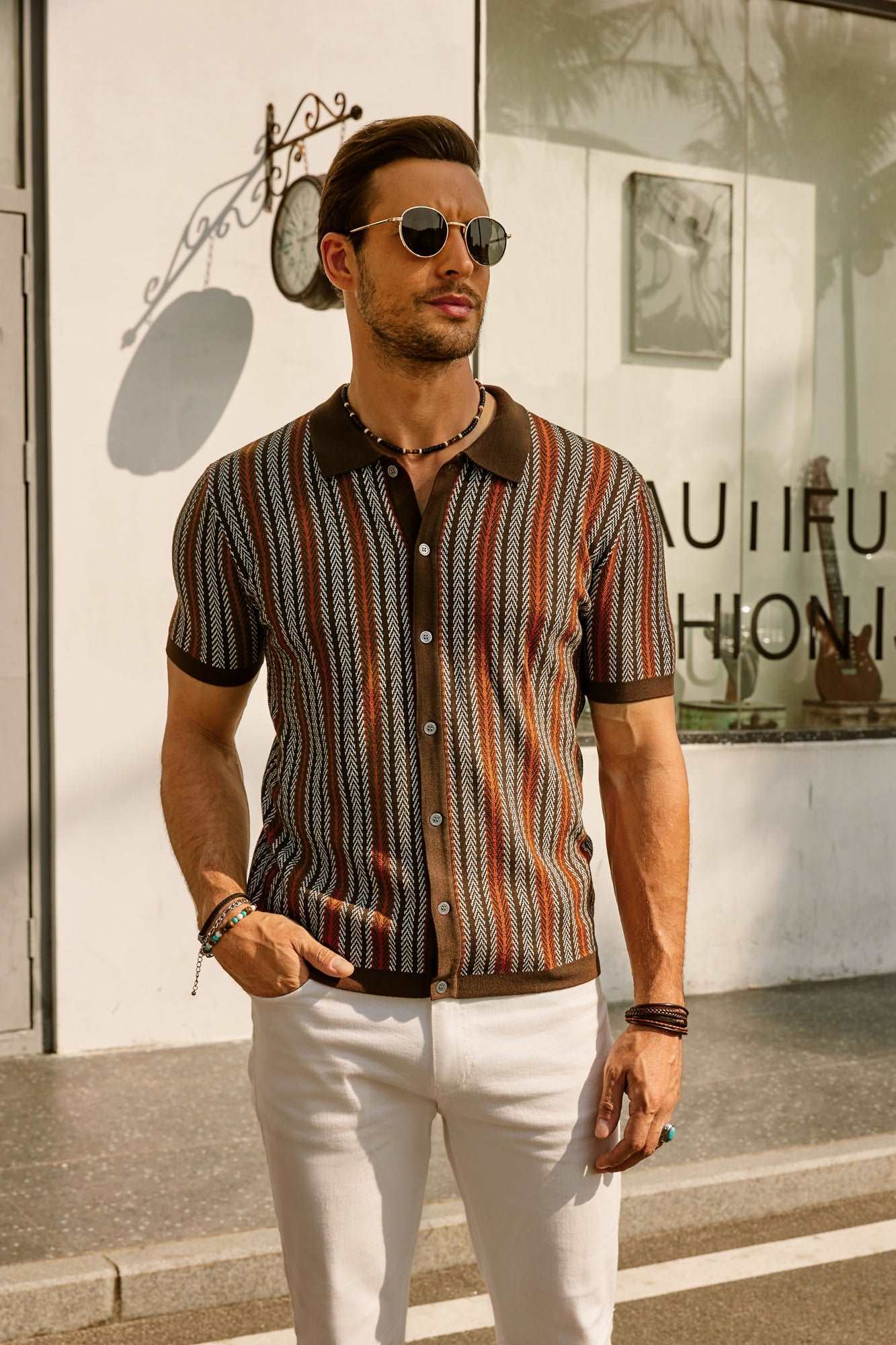 Retro Gestreiftes Button-Down Polohemd Kurzarm Vintage-Look Für Männer