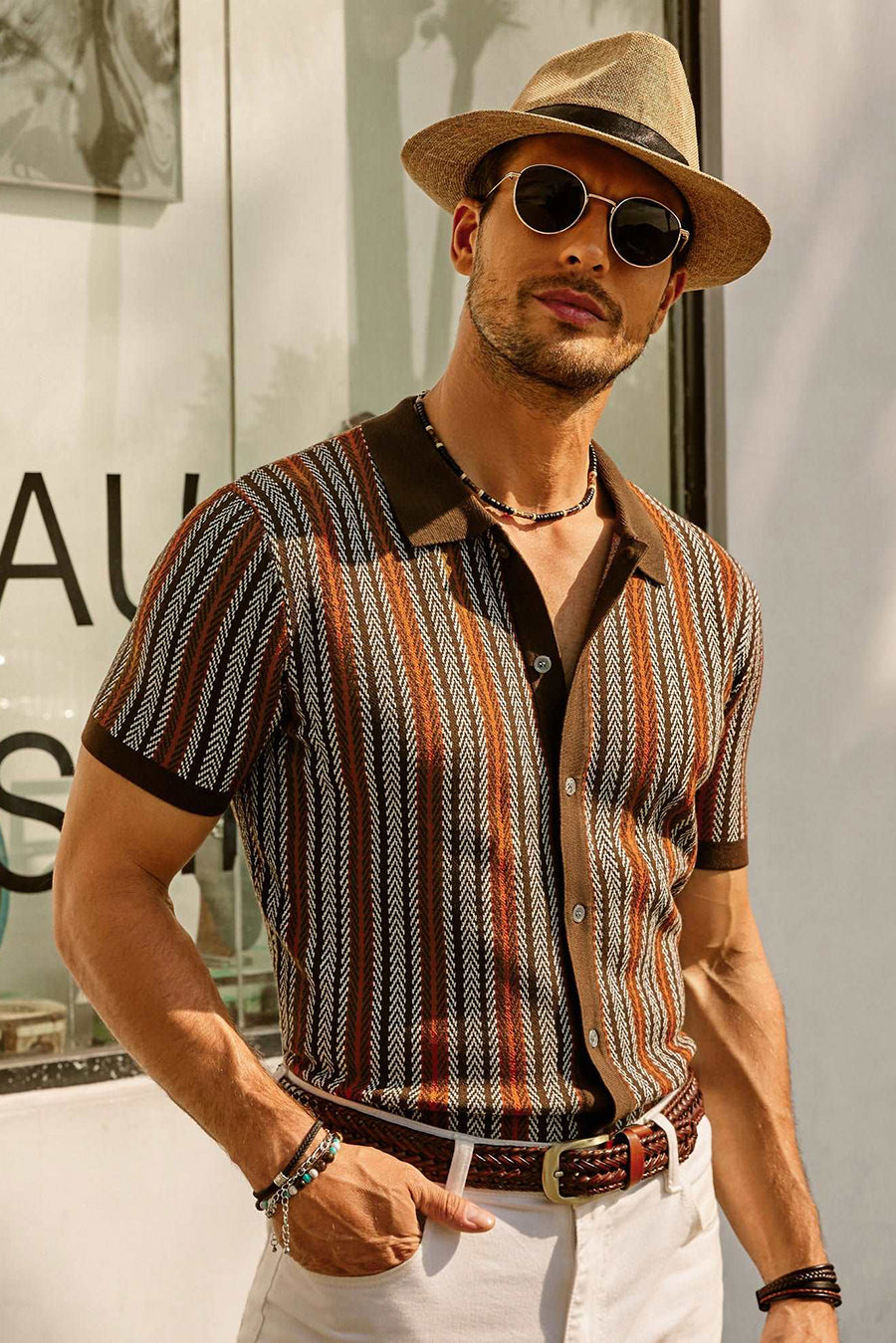 Retro Gestreiftes Button-Down Polohemd Kurzarm Vintage-Look Für Männer