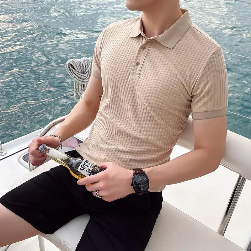 Herren Polohemd Aus Strick Kurzarm Gerippt Mit Punktkragen Slim Fit