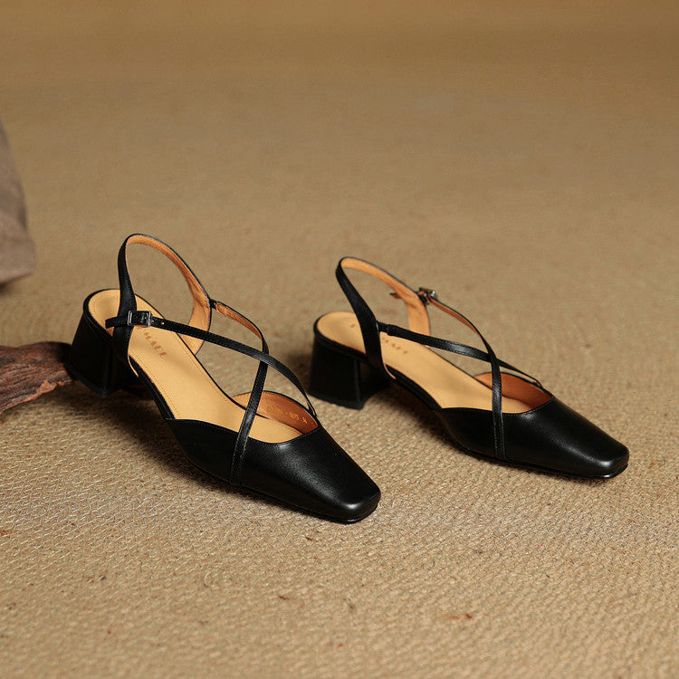 Damen Slingback Mit Blockabsatz Criss-Cross Knöchelriemen Quadratische Zehenform