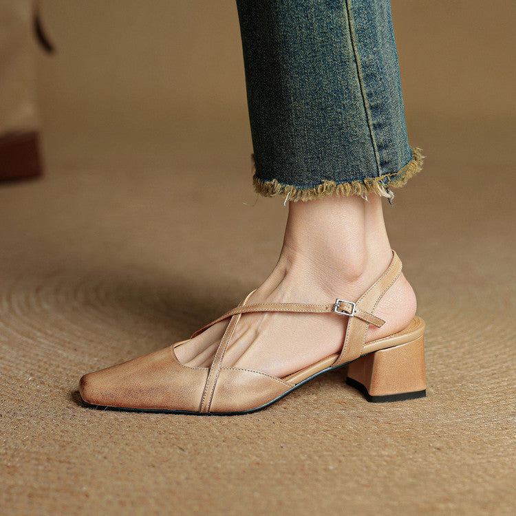 Damen Slingback Mit Blockabsatz Criss-Cross Knöchelriemen Quadratische Zehenform