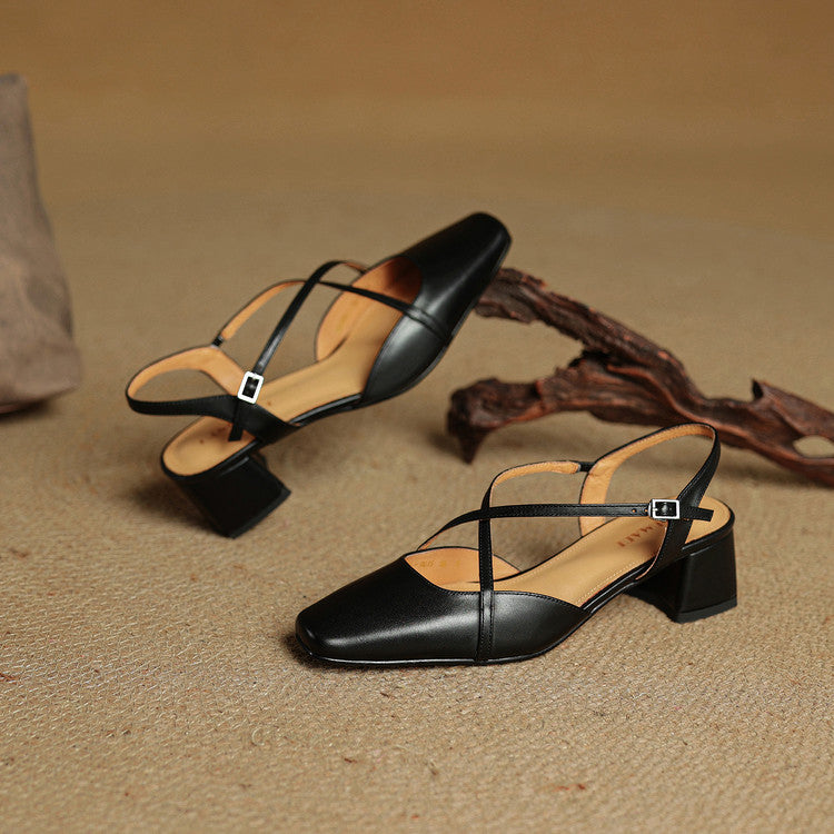 Damen Slingback Mit Blockabsatz Criss-Cross Knöchelriemen Quadratische Zehenform