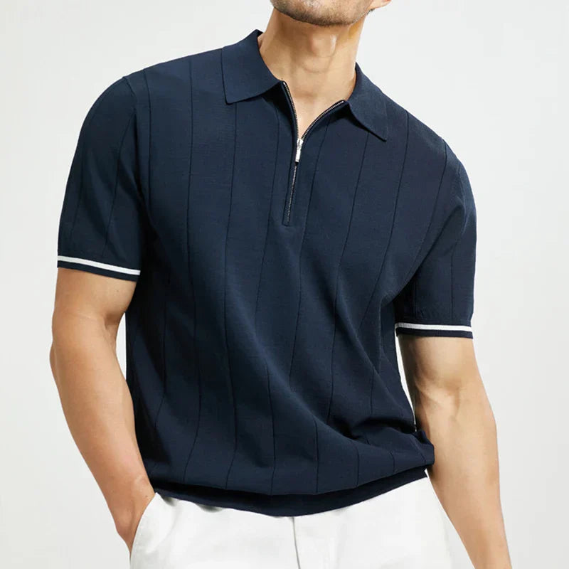 Herren Feinstrick Quarter-Zip Polo Kurzarm Mit Vertikalen Streifen