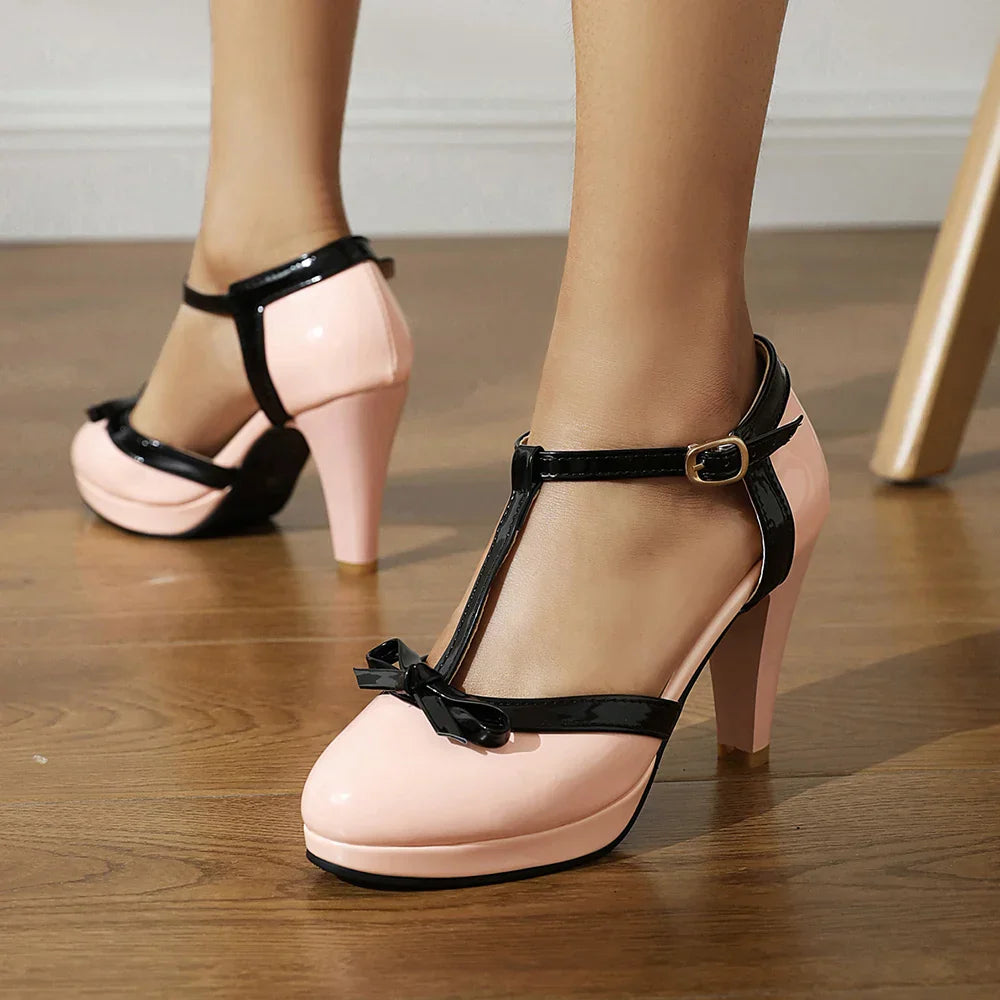 Damen T-Strap Pumps Mit Schnallenverschluss Und Runder Zehenpartie