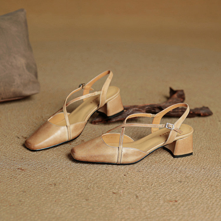Damen Slingback Mit Blockabsatz Criss-Cross Knöchelriemen Quadratische Zehenform