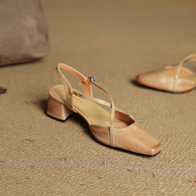 Damen Slingback Mit Blockabsatz Criss-Cross Knöchelriemen Quadratische Zehenform
