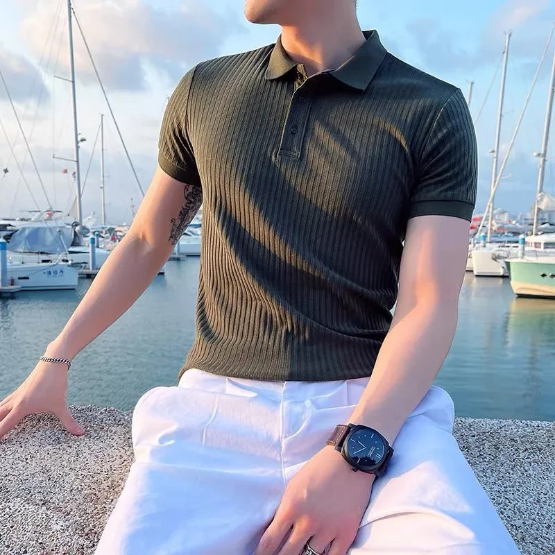 Herren Polohemd Aus Strick Kurzarm Gerippt Mit Punktkragen Slim Fit