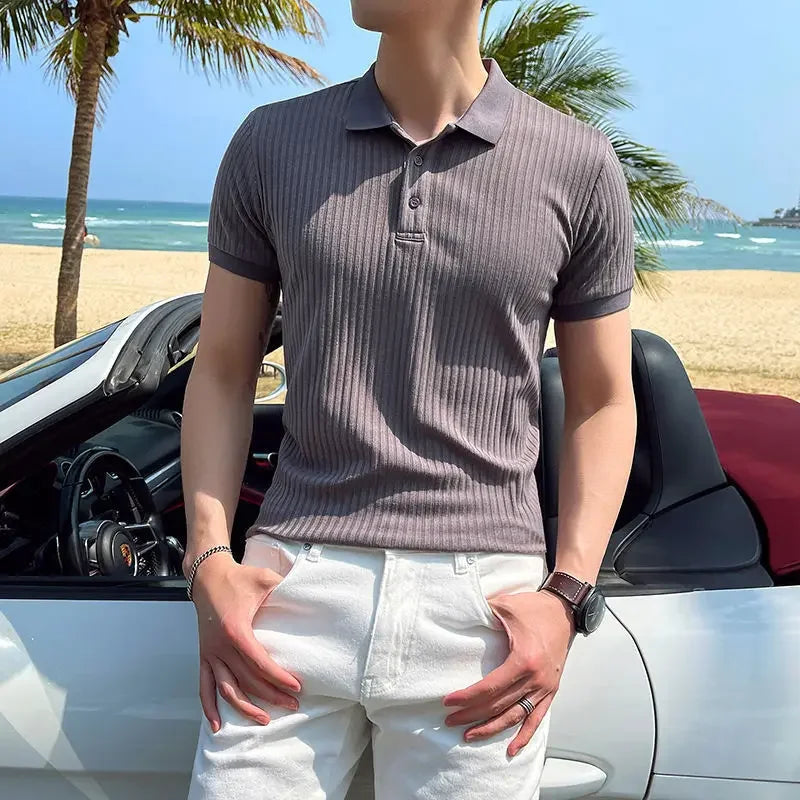 Herren Polohemd Aus Strick Kurzarm Gerippt Mit Punktkragen Slim Fit