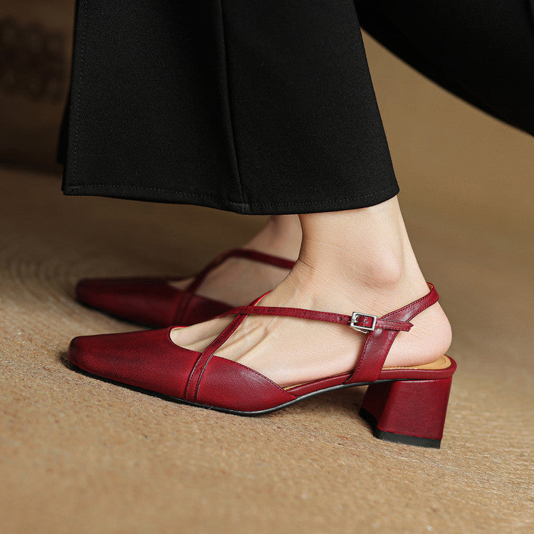 Damen Slingback Mit Blockabsatz Criss-Cross Knöchelriemen Quadratische Zehenform