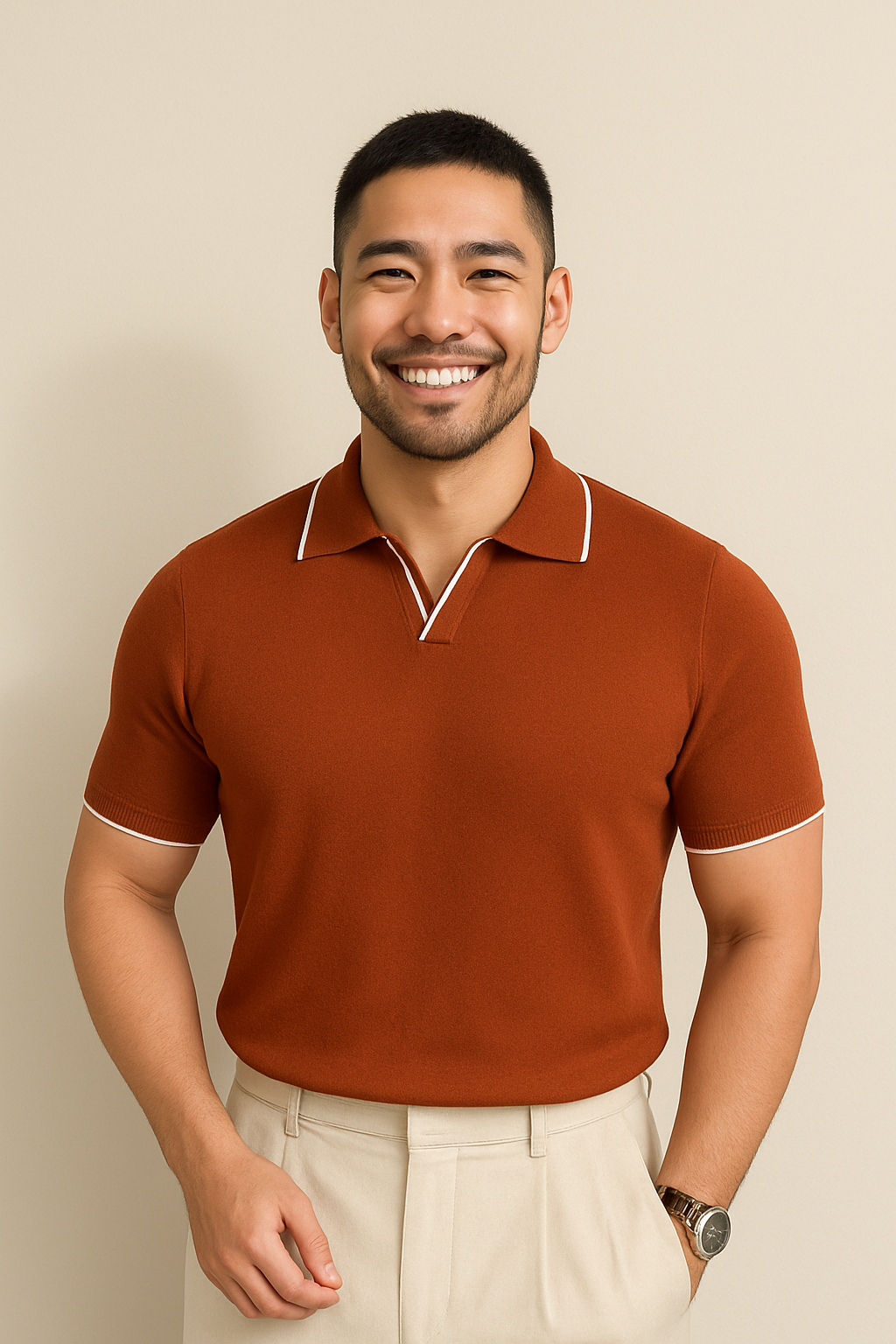 Kurzarm Strickpolo Mit Kontrastbesatz Und Slim Fit