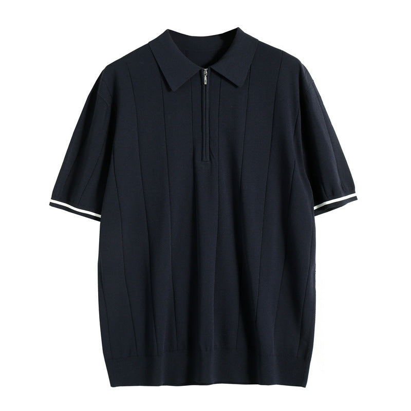 Herren Feinstrick Quarter-Zip Polo Kurzarm Mit Vertikalen Streifen