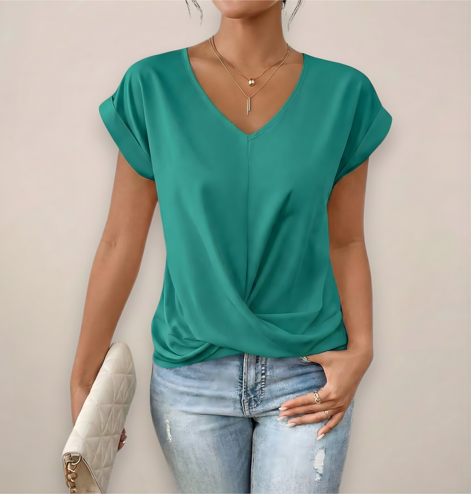 Damen Kurzarm-Top Mit Twist-Front Und V-Ausschnitt Frühling Sommer
