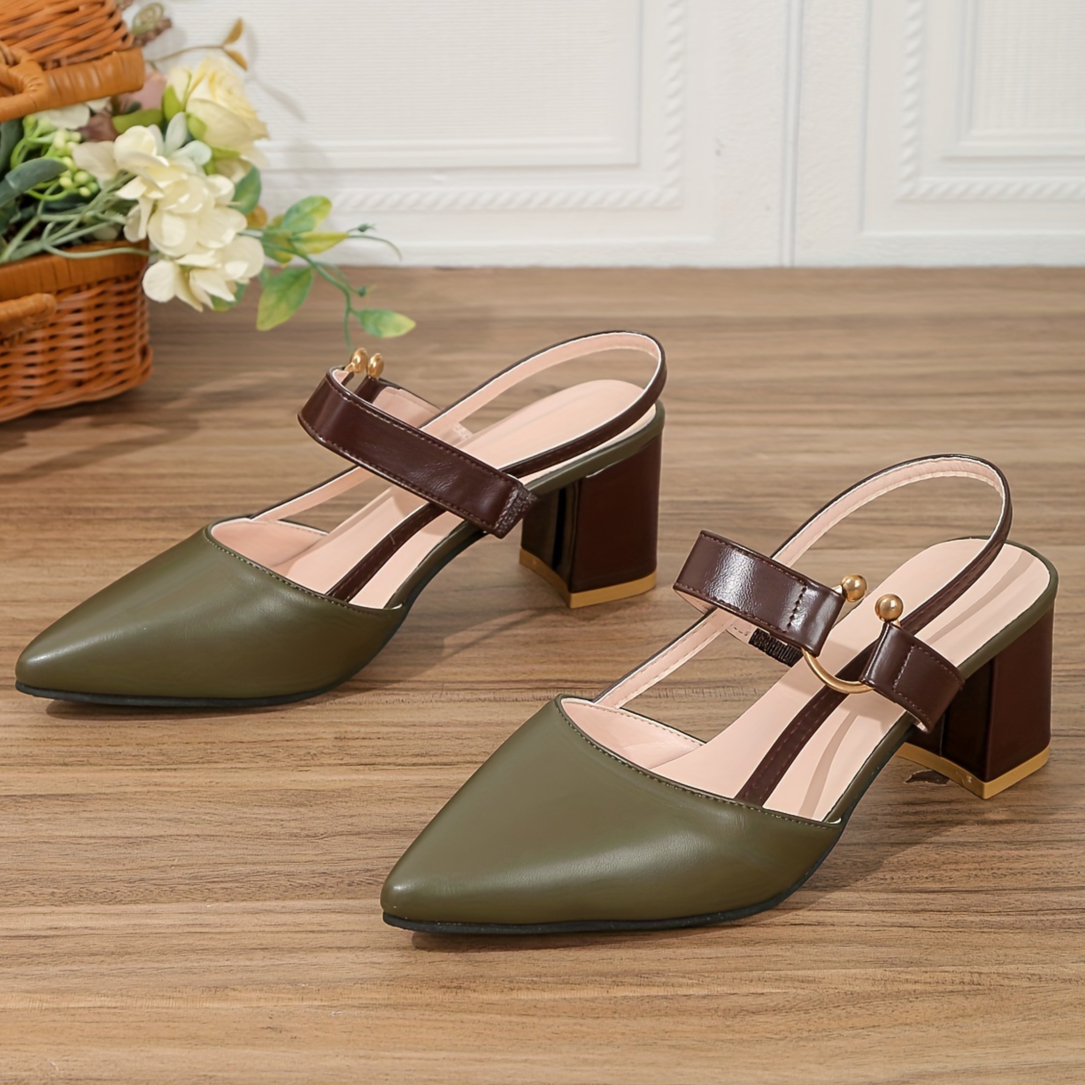 Damen Slingback-Pumps Mit Blockabsatz Zweifarbig Kontrast-Riemen Goldenen Ring