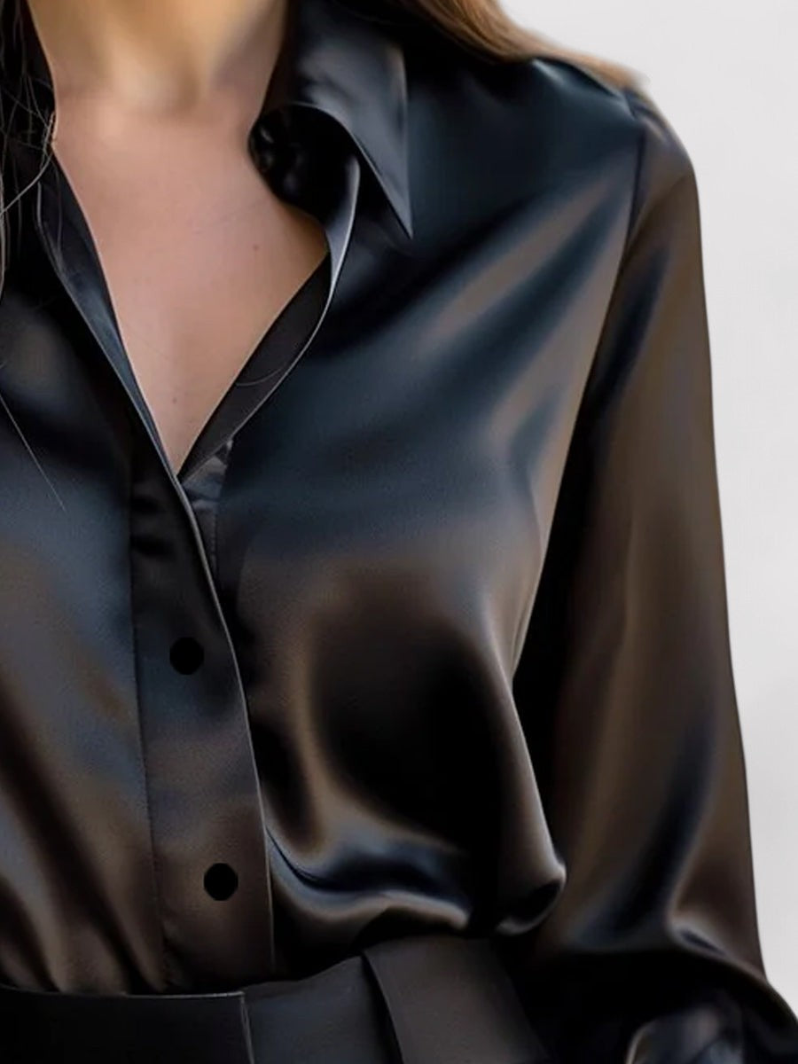 Damen Elegante Satin Langarmbluse In Feinem Glanz Und Stil